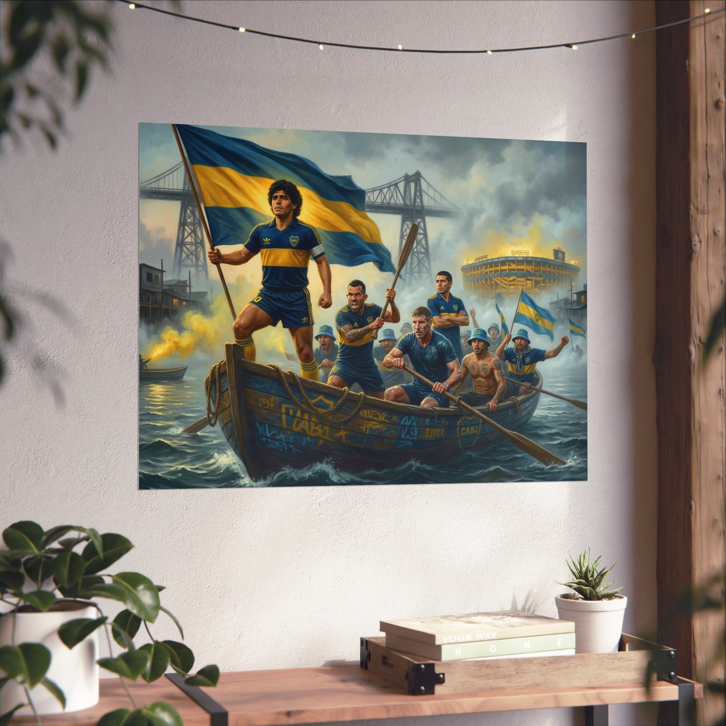 Boca Juniors Fine Art Poster — Vintage Football Team Painting with Flag
