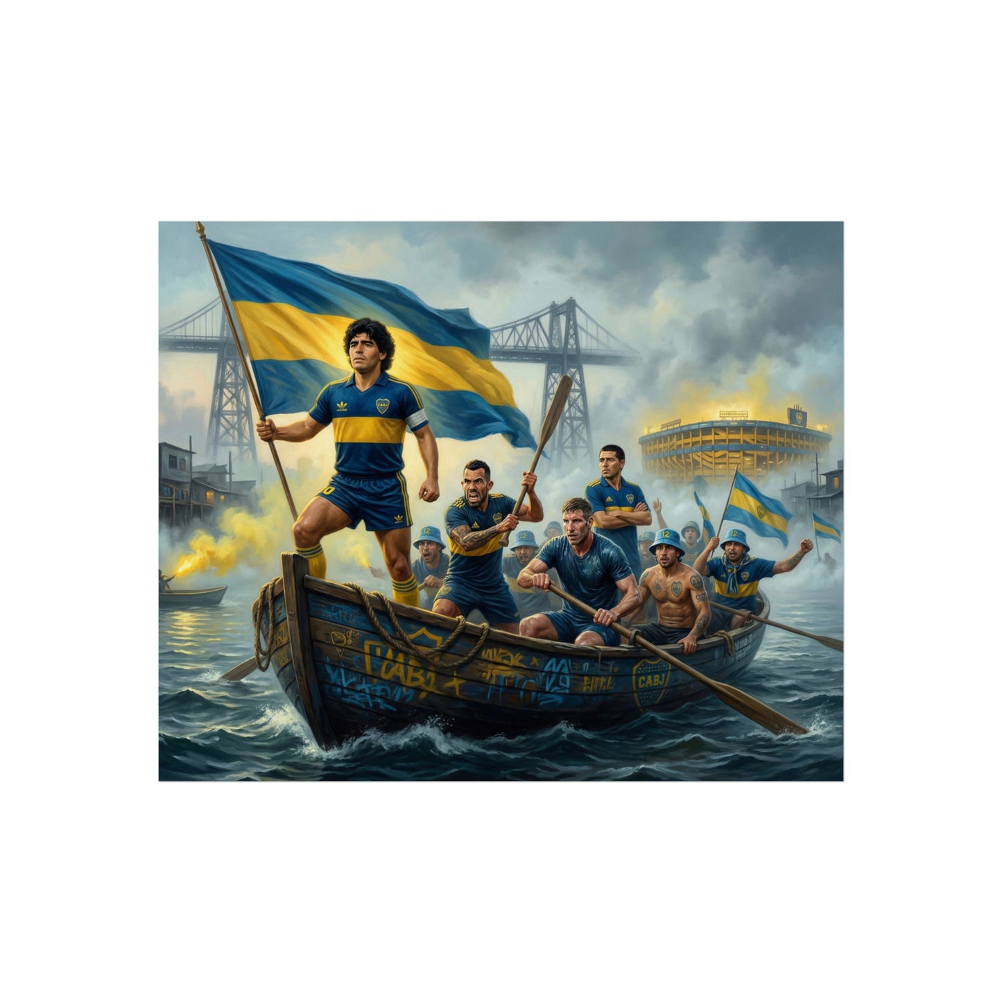 Boca Juniors Fine Art Poster — Vintage Football Team Painting with Flag