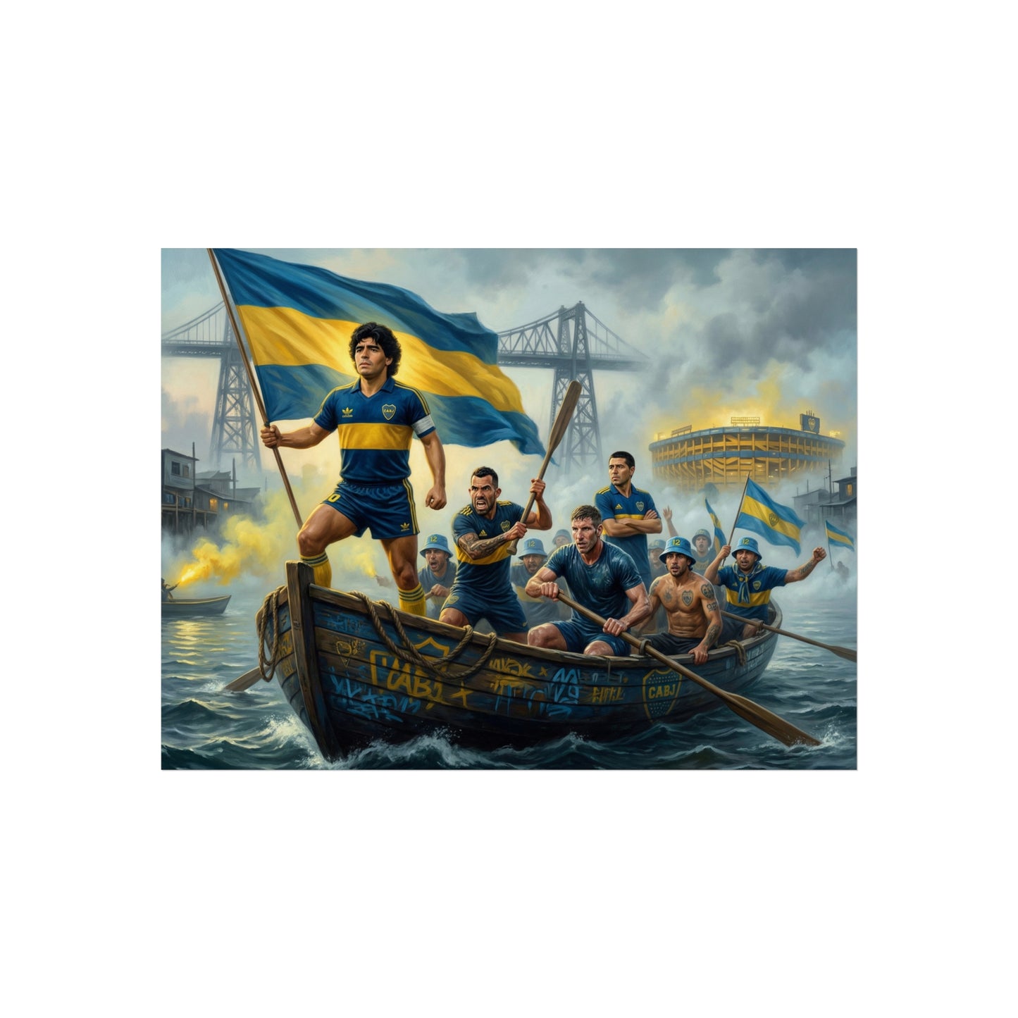 Boca Juniors Fine Art Poster — Vintage Football Team Painting with Flag